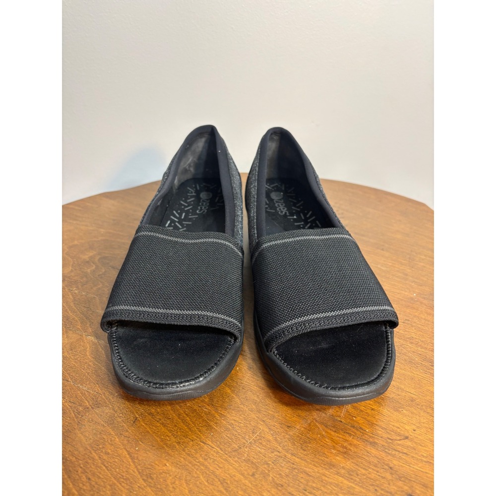 Bzees Kudos Black Grey Marl Stretch Fabric Open Toe Wedge Sandals Womens 10W
